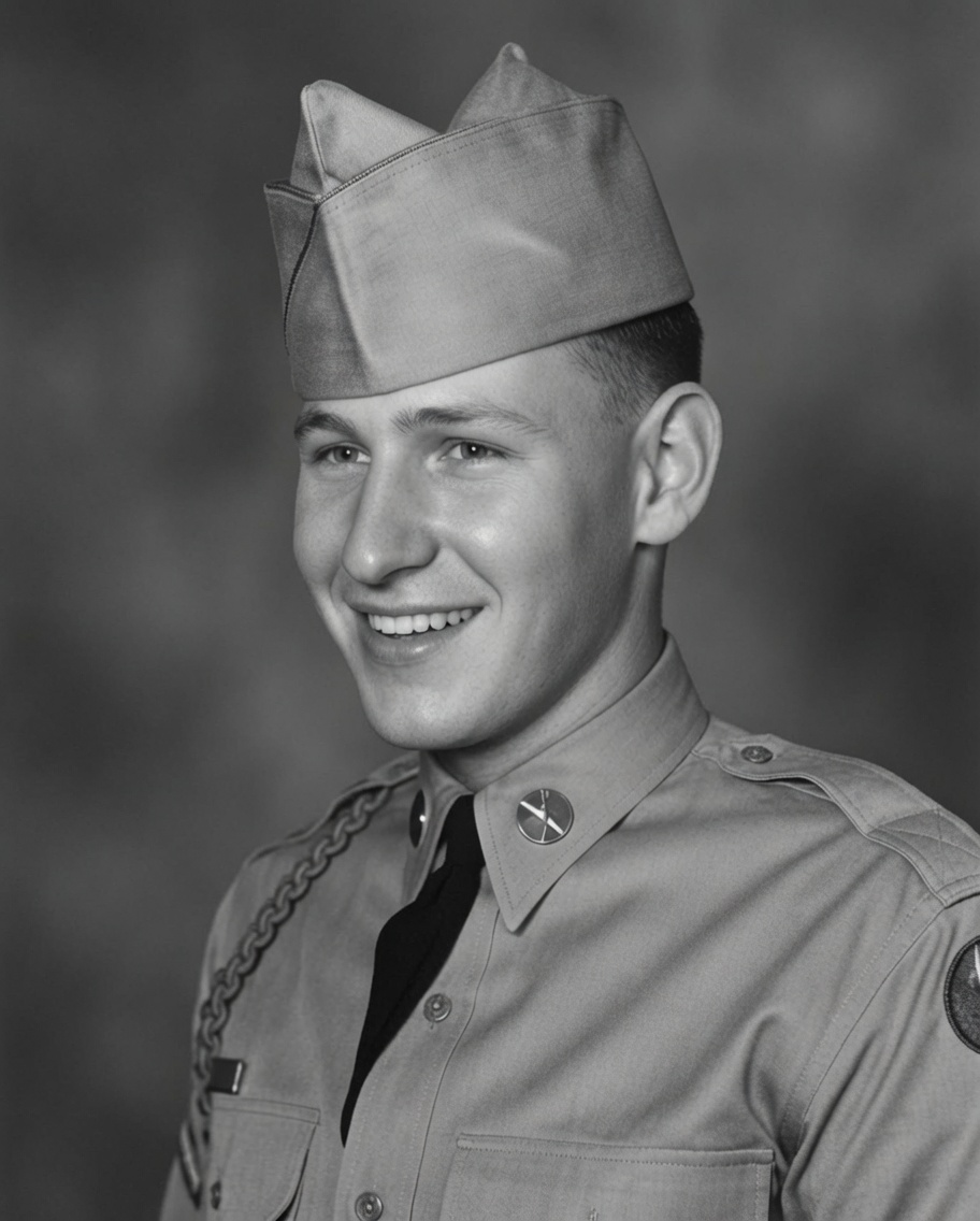 Bobby Strickland smiling in his U.S. Army uniform, a vintage black and white service portrait